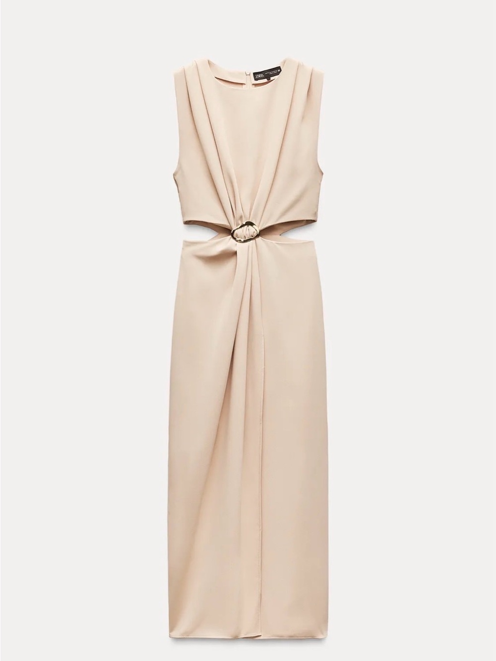 NWT Zara Sleeveless Cutout Maxi Dress with Front Ring Detail in Soft Beige. Sm